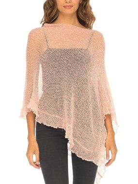 Women’s Dusty Pink Sheer Knit Poncho Shrug Lightweight Asymmetrical Ruffle Wraps